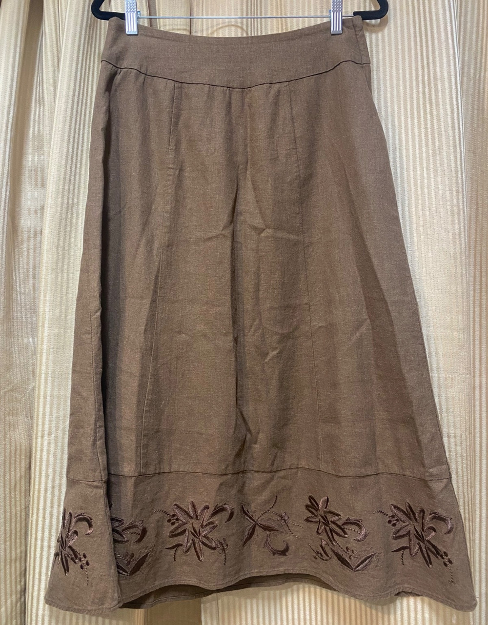 Tribal Brown Linen Blend Floral Embroidered A-Line Skirt Sz 6